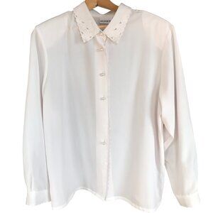 Scalloped Eyelet Blouse, VTG 80s Koret Embroidery Detail Cream Button-Down Sz 16